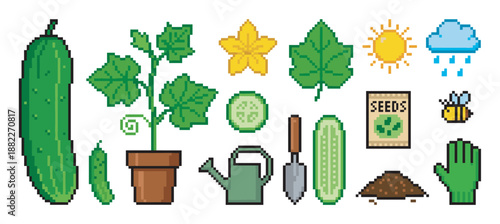 Pixel art icon set of gardening elements for growing cucumbers, including a plant, flower, seeds, tools, and weather symbols in a retro 8-bit video game style