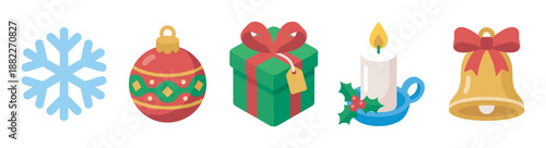 Set of colorful Christmas holiday icons featuring a snowflake, ornament, gift box, candle, and bell in a flat graphic illustration style for festive seasonal design