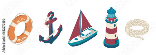 Set of nautical themed isometric icons featuring a lifebuoy, anchor, sailboat, lighthouse, and rope, presented in a clean vector illustration style with a vintage color palette