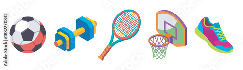 Colorful set of isometric sports equipment icons including a soccer ball, dumbbell, tennis racket, basketball hoop, and sneaker, representing various athletic activities and a healthy lifestyle