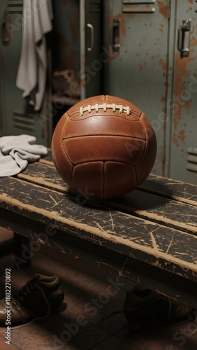 Vintage Laced Leather Soccer Ball on Weathered Locker Room Bench with Antique Boots