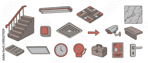 Collection of hand-drawn building and security system illustrations including a staircase, CCTV camera, fire alarm, and clock, presented in a muted color palette with an isometric perspective