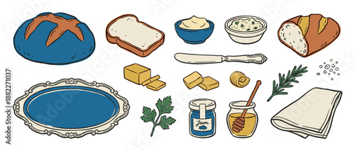 Charming collection of hand-drawn breakfast illustrations featuring bread, butter, jam, honey, herbs, and an ornate platter in a vintage doodle style for culinary design