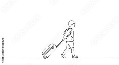 Line drawing of a person walking with a suitcase on a transparent background, showcasing movement, travel, and simplicity in an illustrative style