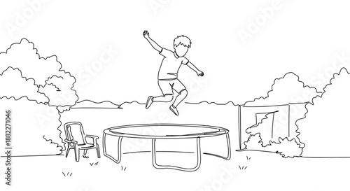 Line drawing of a person jumping on a trampoline in an outdoor setting with trees and mountains in the background, isolated on white background