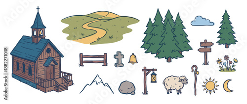 Collection of hand-drawn rustic illustrations featuring a wooden church, sheep, pine trees, mountains, and other pastoral nature elements in a charming cartoon doodle style