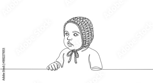 Line drawing of a young child with a bonnet sitting at a table on a transparent background, looking curiously with a thoughtful expression in a simple style.