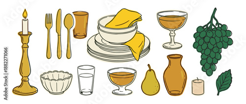 Collection of hand-drawn dinnerware illustrations featuring plates, cutlery, glassware, candles, and fruit for a festive dining or banquet concept in a rustic, doodle art style