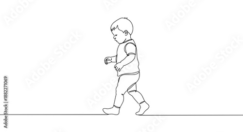 Line drawing of a child walking on a transparent background with a playful expression, wearing casual clothes and enjoying a sunny day outdoors.
