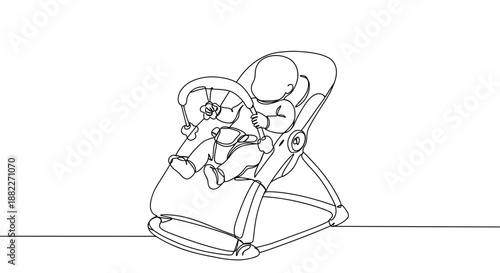 Line drawing of two children using a baby bouncer on a transparent background with playful expressions and a cozy setting emphasizing childhood joy and comfort