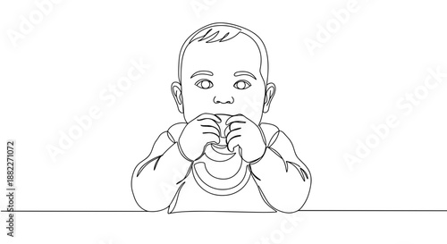 Line drawing of a baby holding a toy in both hands while sitting at a table on a transparent background