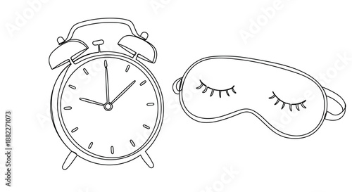 Line drawing of alarm clock and sleep mask on a transparent background for relaxation and bedtime routines, emphasizing sleep and wellness themes