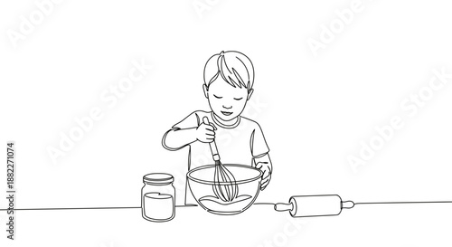 Line drawing of a child mixing ingredients in a bowl using a whisk on a table with a rolling pin and jar on a transparent background