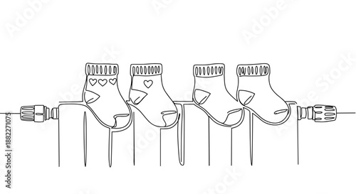 Line drawing of cartoon socks hanging on a clothesline with a plug on a transparent background