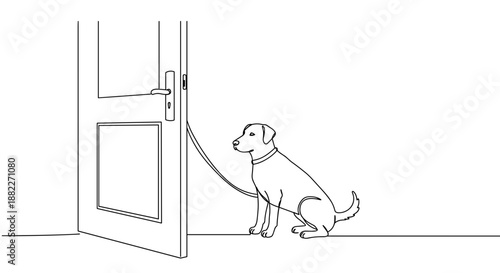 Line drawing of a dog sitting by an open door, waiting patiently for its owner, isolated on a transparent background