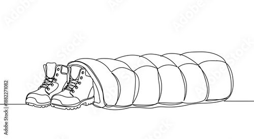 Line drawing of a camping sleeping bag with hiking boots on a transparent background for outdoor adventures and travel use