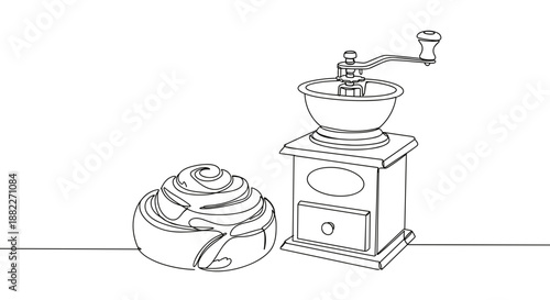 Line drawing of a coffee grinder and a cinnamon roll on a transparent background showcasing details of both items with an artistic, simple design