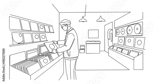 Line drawing of a man browsing vinyl records in a music store with shelves displaying collections on a transparent background
