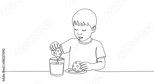 Line drawing of a young boy dipping a cookie into a glass of milk while sitting at a table on a transparent background