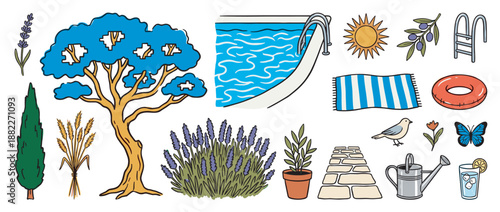 Charming collection of hand-drawn summer illustrations featuring a swimming pool, lavender, cypress tree, sun, and various garden and vacation elements in a rustic doodle style