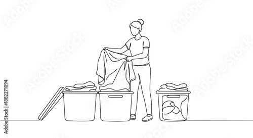 Line drawing of a woman sorting laundry into bins at home on a transparent background