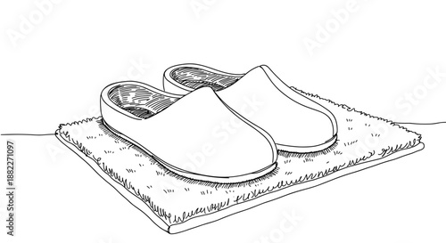 Line drawing of cozy slippers on a soft mat isolated on a transparent background