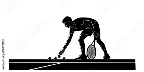 A player crouching low to pick up several tennis balls from the ground.