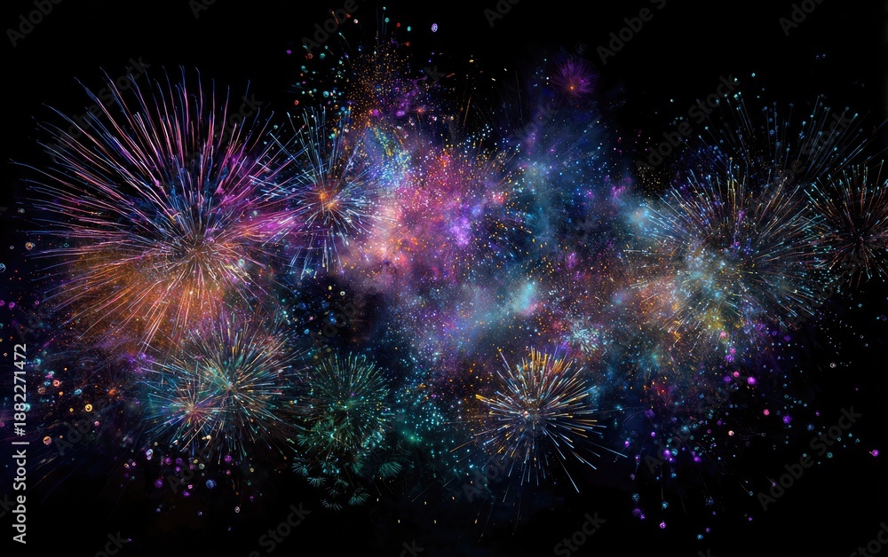 Fototapeta premium Vibrant fireworks explode with dazzling colors against a dark night sky
