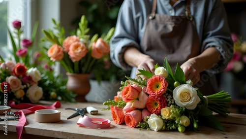 Florist hands arranging bouquet on table, close up of fresh roses and gerbera in studio