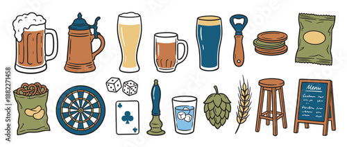 Set of hand-drawn pub and beer themed doodle icons showing various drinks, snacks, games, and bar equipment in a charming, retro cartoon style illustration collection