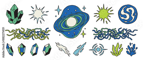 Collection of retro comic style illustrations featuring cosmic elements like a galaxy, stars, and planets, alongside fantasy crystals and abstract shapes in a bold, hand-drawn vector style
