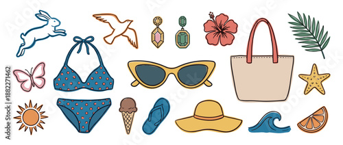 Colorful set of hand-drawn summer vacation elements featuring a bikini, sunglasses, beach bag, and tropical motifs in a playful, retro doodle illustration style