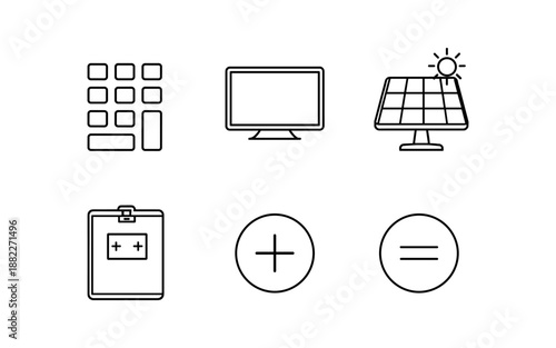 Collection of simple line icons representing technology, energy, and calculation elements