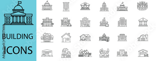 Building Outline Icons. Features icons of bank, hospital, factory, estate, government, library, property, real estate, residential. Perfect for real estate, city maps.
