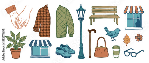 Charming collection of hand-drawn illustrations featuring autumn lifestyle elements like a coat, jacket, park bench, and holding hands in a cozy, retro doodle style