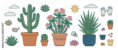 Potted cacti and succulent plants illustration set with various gardening elements like gloves, watering can, seeds, and pots in a charming, hand-drawn, flat doodle style