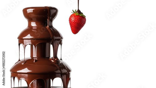 A chocolate fountain cascades, a strawberry suspended for dipping, on black background