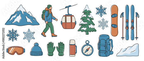 Collection of hand-drawn winter mountain illustrations featuring a hiker, skis, snowboard, cable car, and outdoor adventure equipment in a colorful doodle sketch style