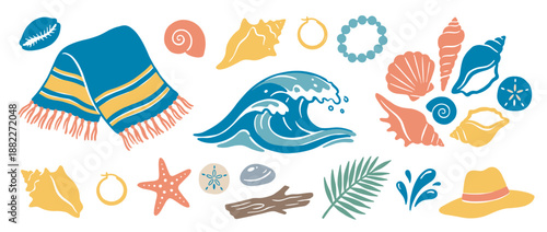 Colorful collection of hand-drawn beach elements including a towel, wave, seashells, starfish, and sun hat in a flat vector illustration style for summer vacation concepts