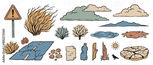 Hand-drawn doodle set of desolate landscape icons featuring a broken road, dry earth, warning sign, leafless trees, and environmental pollution elements in a cartoon style