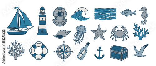Set of blue and grey nautical illustrations featuring a sailboat, lighthouse, anchor, treasure chest, and various sea creatures in a charming, hand-drawn doodle art style