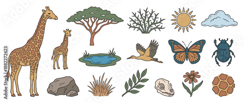 Collection of hand-drawn savanna illustrations featuring a giraffe, acacia tree, butterfly, and other wildlife elements in a charming, colorful doodle style