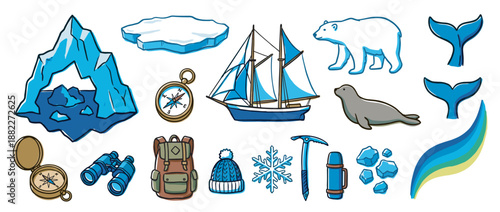 Collection of arctic exploration and winter adventure icons including a polar bear, iceberg, ship, and compass, drawn in a colorful cartoon doodle style for travel concepts