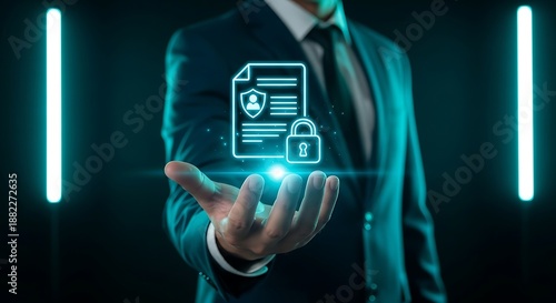 Man in suit holding glowing digital document security with padlock hand