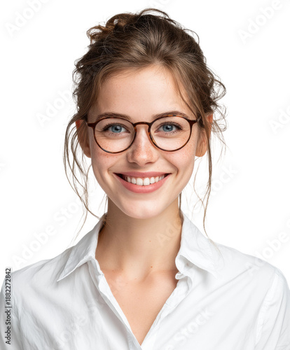 Cheerful woman smiling portrait bright, isolated on transparent background, png