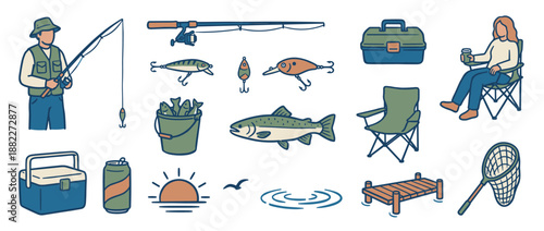 Collection of hand-drawn fishing illustrations featuring a fisherman, rod, tackle box, lures, fish, and other outdoor recreation equipment in a simple cartoon doodle style