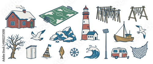 Set of hand-drawn Nordic coastal illustrations featuring a lighthouse, fishing boat, snowy red house, drying fish, and a soccer field in a simple, charming cartoon style