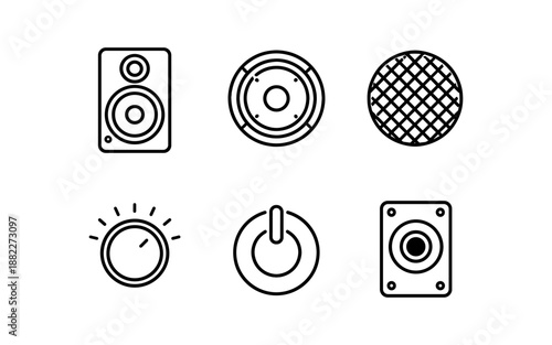 Collection of audio equipment icons including speakers, volume knob, and power button