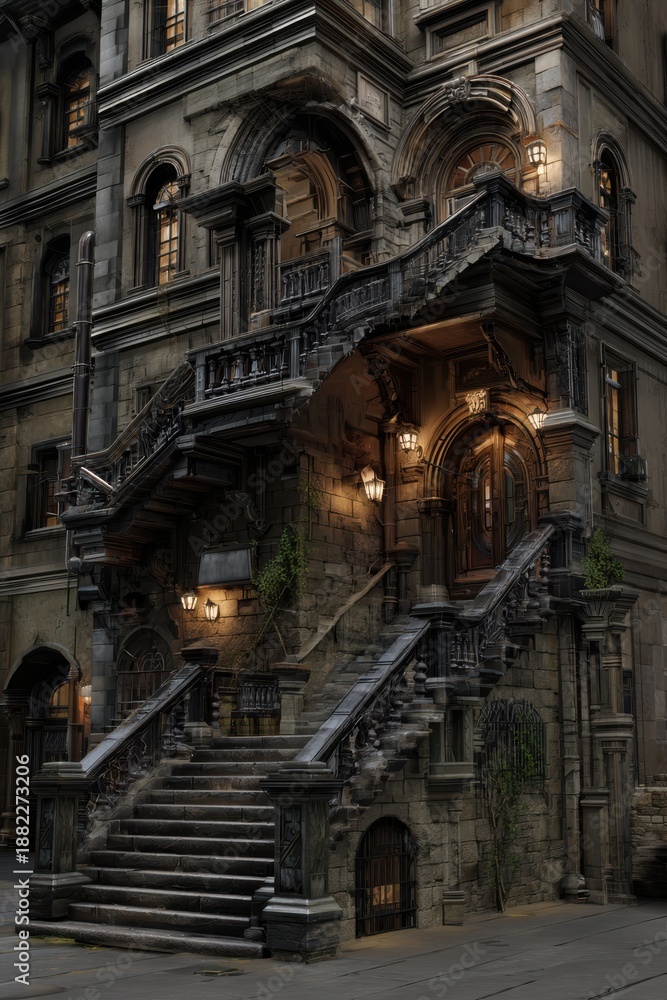 Obraz premium A city block with a building and stone stairs, in the style of gothic