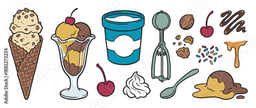Set of colorful cartoon ice cream illustrations including a cone, sundae, tub, scoop, and various toppings like cherries, nuts, and sauces in a hand-drawn doodle style
